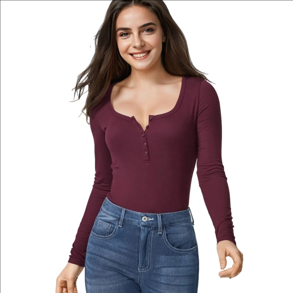 HALARA Ribbed Henley Neck Long Sleeve Slim Casual 5 button opening Top Sz S NWOT